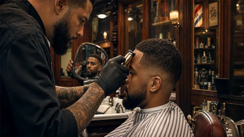 Professional barbershop scene showing a barber performing a precise line up haircut