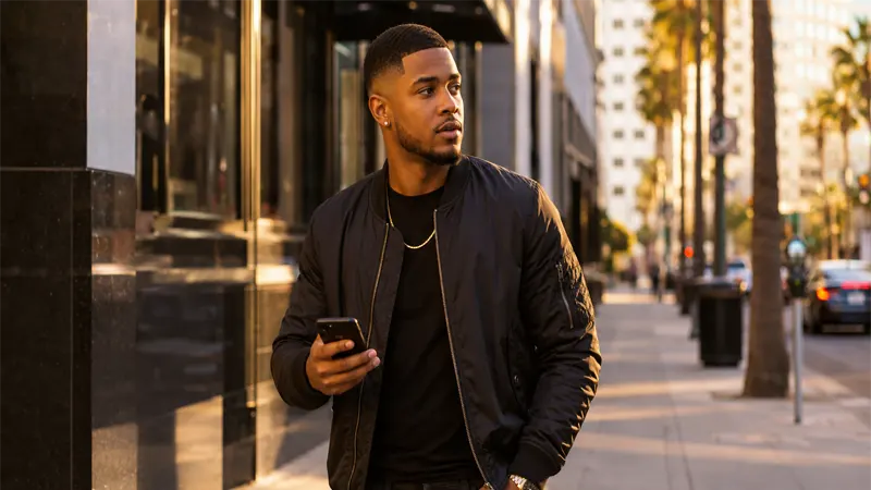 Confident man showing off a fresh line up haircut in a lifestyle setting