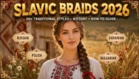 Woman wearing traditional Slavic braids with flower crown showing cultural heritage 2026