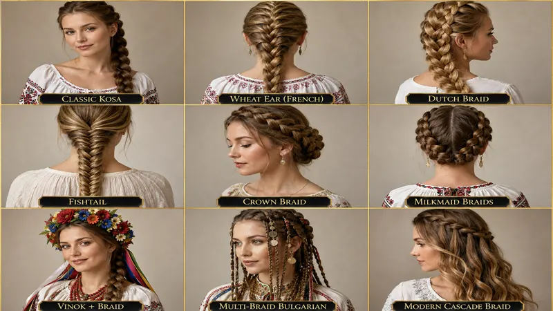 Grid showcase of multiple Slavic braid styles including crown braids, fishtails, and folk styles
