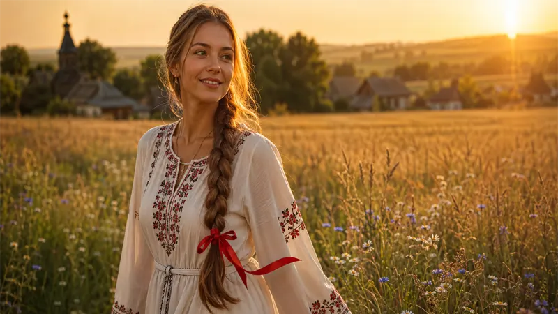 Woman with traditional Slavic braids in a cultural lifestyle setting