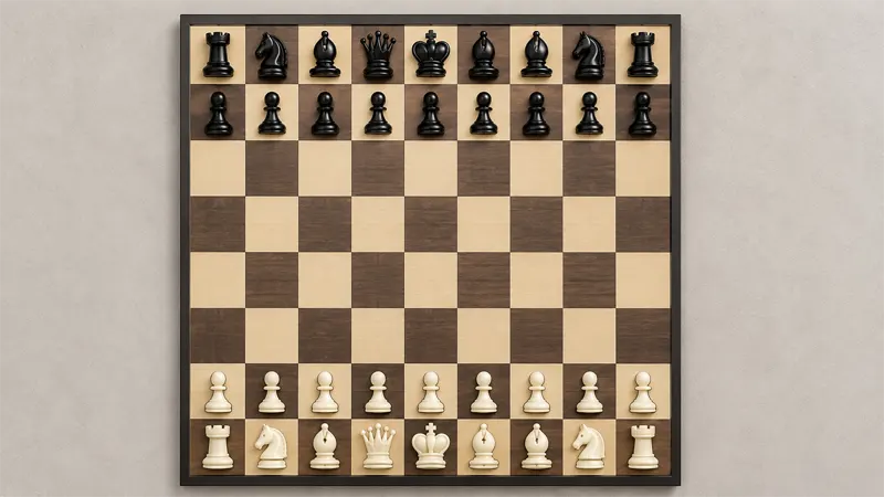 Chess board set up with all 32 pieces in starting position for a browser game