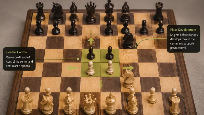 Chess opening strategy controlling the center four squares of the board