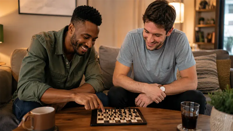 Two players enjoying a 2 player chess game together in a browser on a tablet