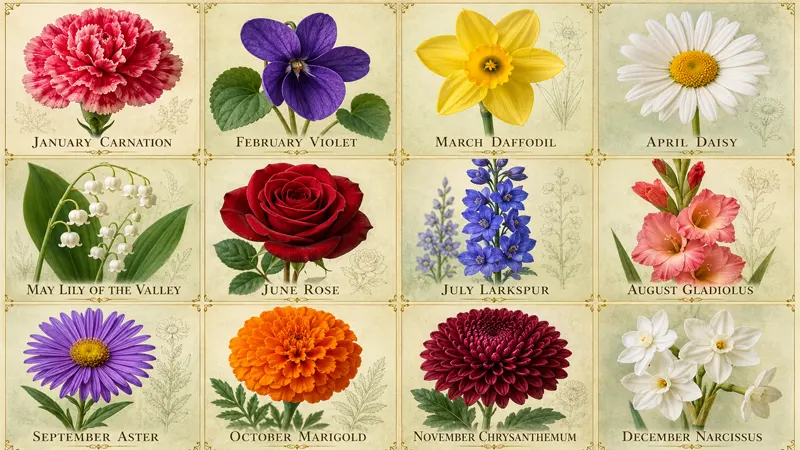 All 12 birth flowers by month showcase grid