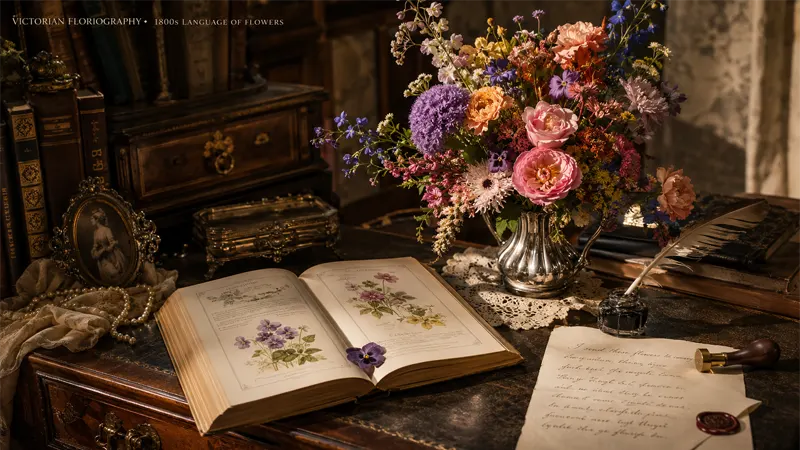 Victorian floriography illustration showing flower symbolism