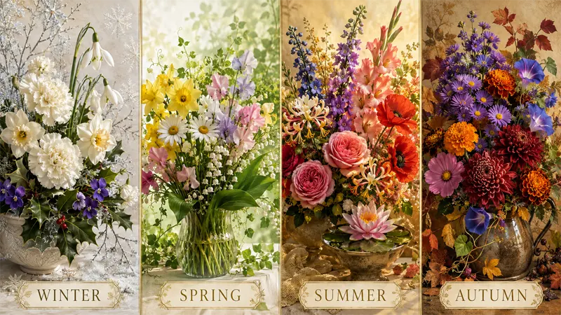 Seasonal birth flowers spring summer fall winter collage