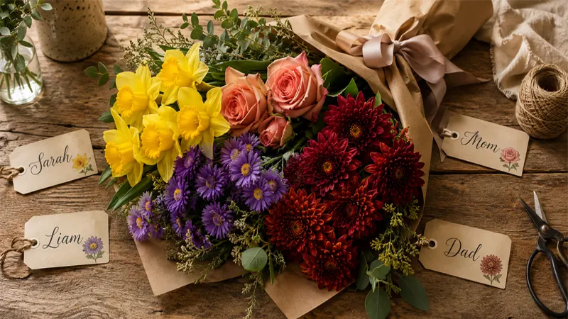 Family birth flower bouquet combining multiple months