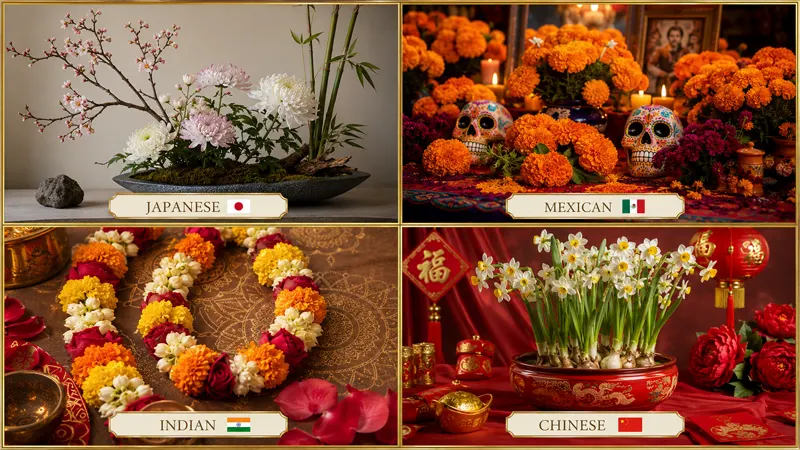 Cross-cultural floral arrangement showing global birth flower traditions