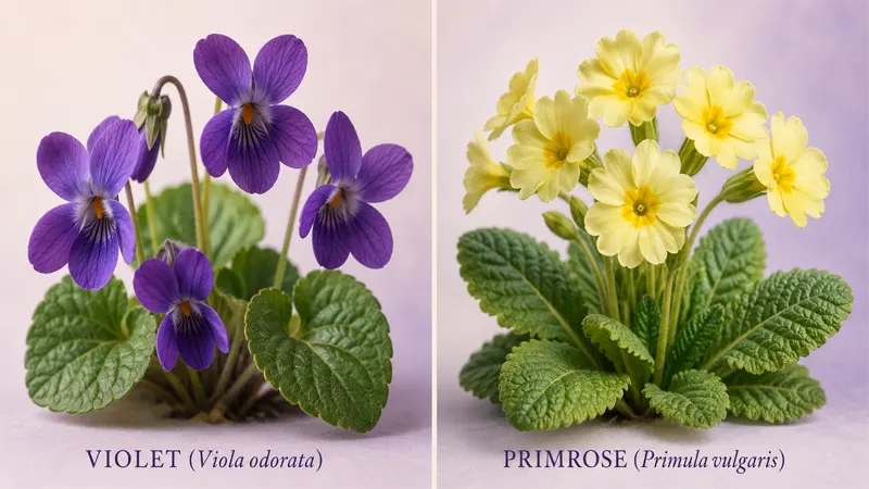 Violet and primrose February birth flowers side by side