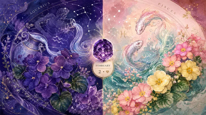 February birthday personality conceptual image with violets and primroses