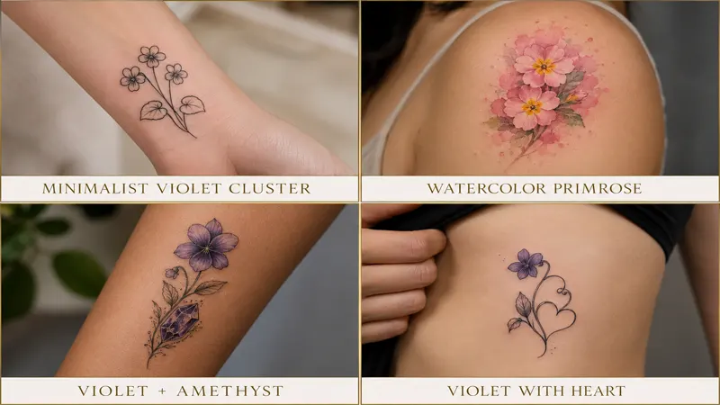 February birth flower tattoo design styles featuring violets and primroses