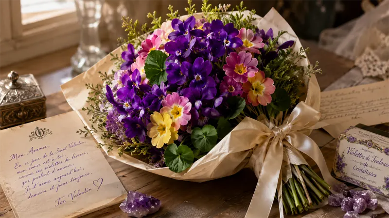 Romantic violet and primrose bouquet for February birthdays and Valentine's Day