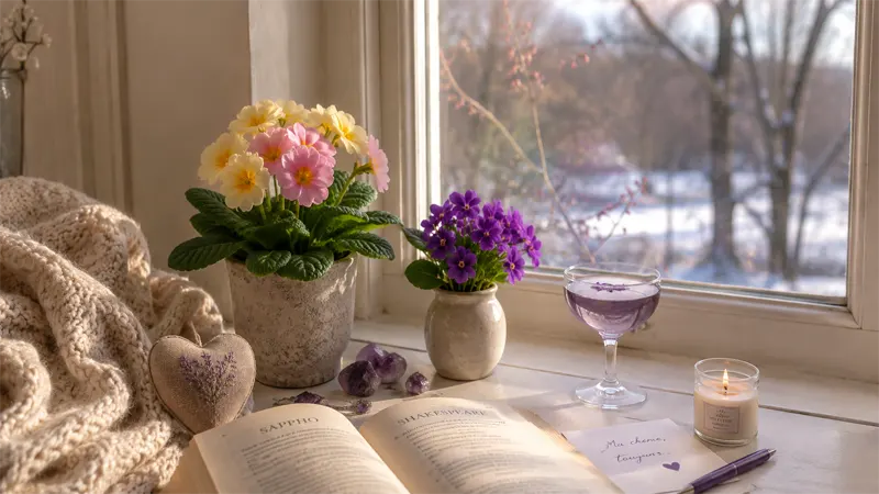Lifestyle February setting with violets and primroses