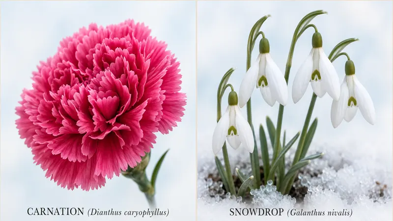 Carnation and snowdrop side by side — January's two birth flowers