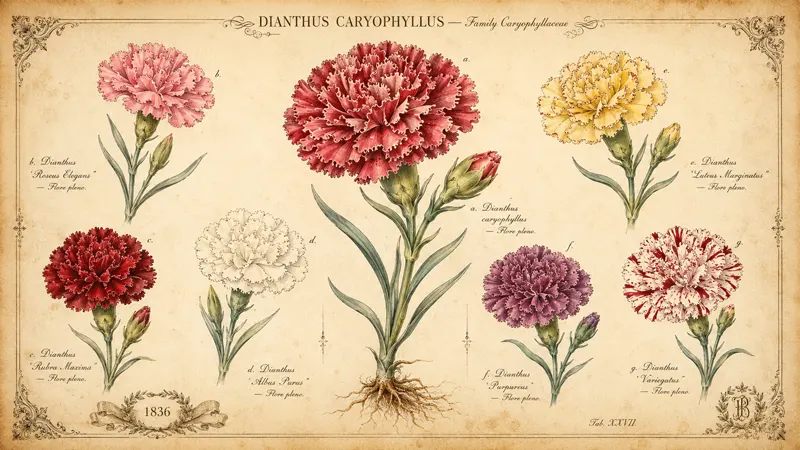 Vintage botanical illustration of carnation varieties and species