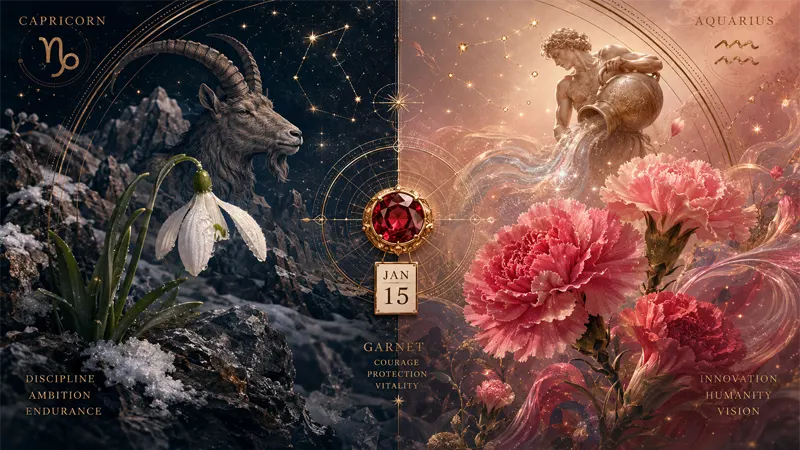 January birthday personality conceptual image featuring Capricorn and Aquarius symbolism with birth flowers