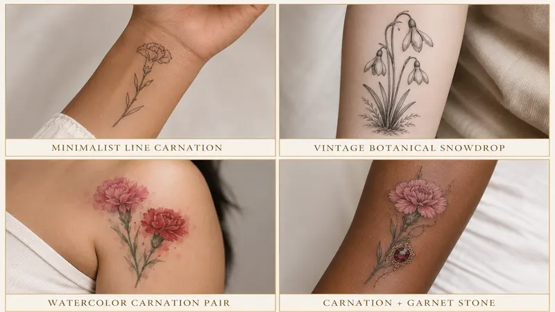 January birth flower tattoo design styles including minimalist carnation and snowdrop options
