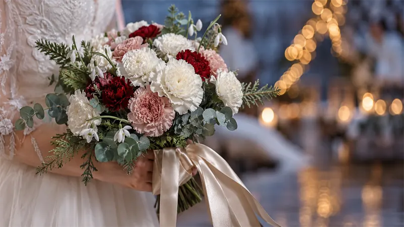 January wedding bouquet featuring carnations and snowdrops in winter floral arrangement