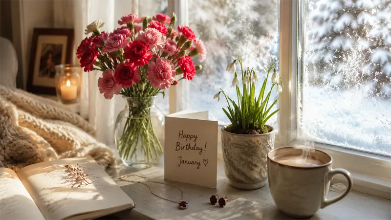 January birth flowers carnation and snowdrop in a winter lifestyle setting