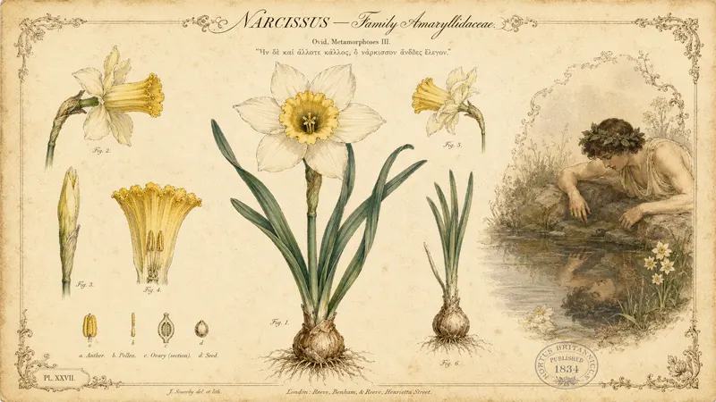 Vintage botanical daffodil illustration with Greek mythology elements