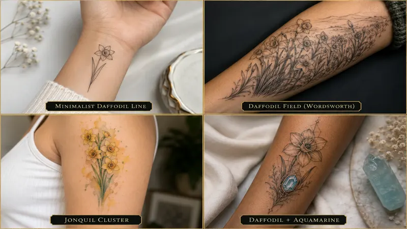 March birth flower tattoo design styles — daffodil and jonquil