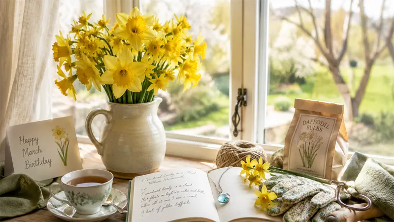 Lifestyle spring March setting with daffodils